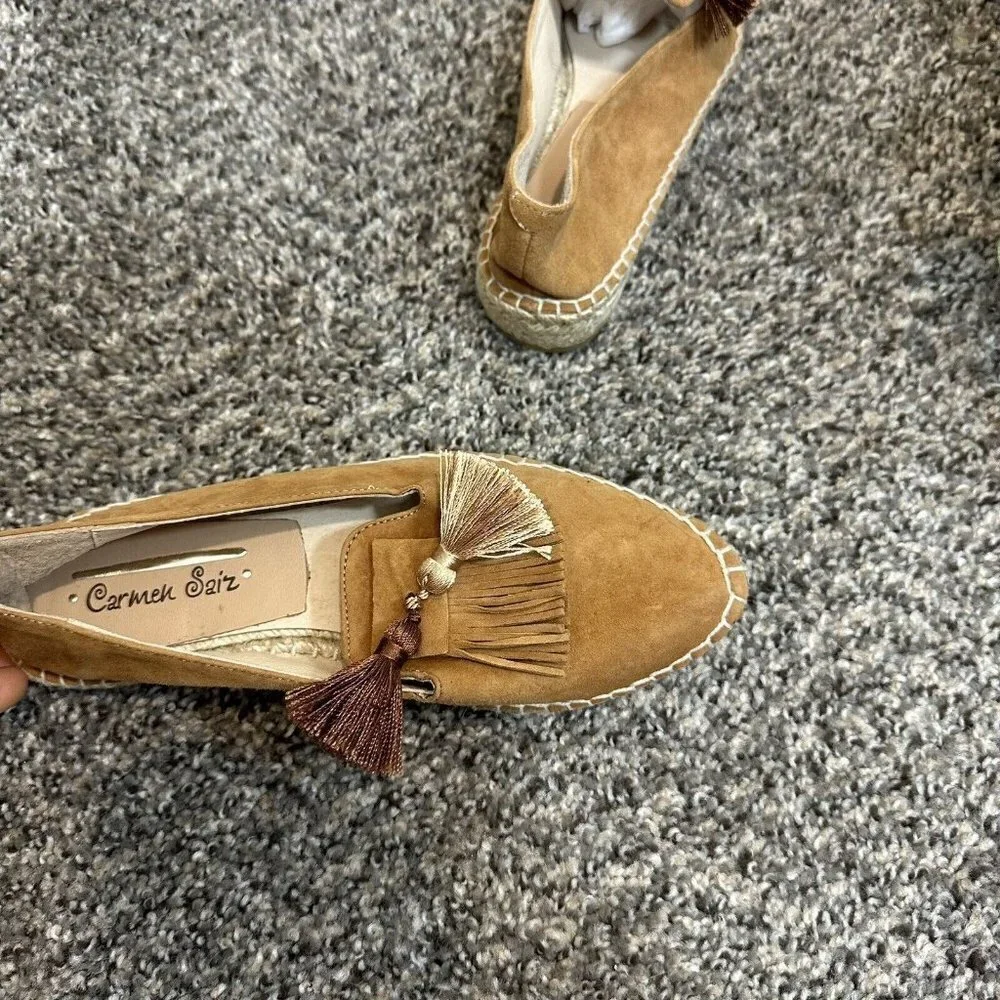CARMEN SAIZ Camel Brown Suede Pointed Toe Espadrille Flat Shoes 36 US 6 New